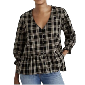 Madewell Courtyard Ruffle Peplum Hem Top Metallic Plaid Shirt Size Large